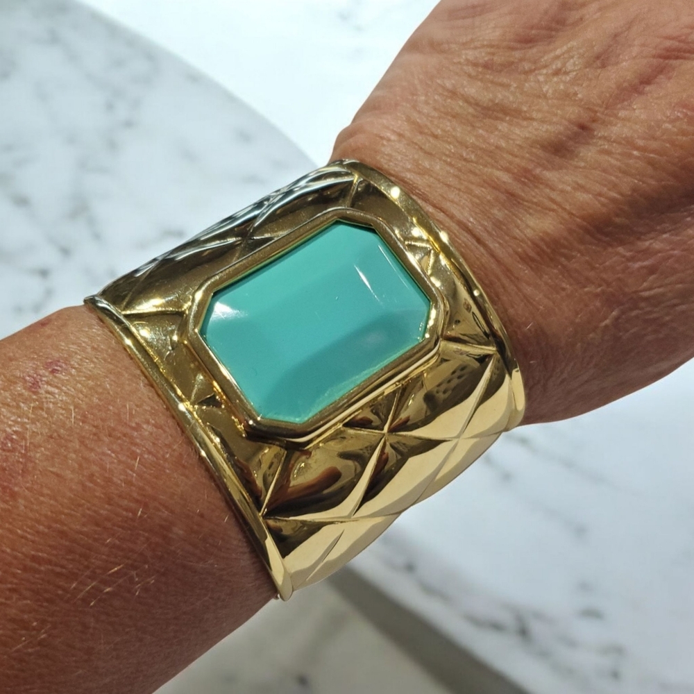 LES BERNARD VO Massive Gold Quilted Cuff Turquoise Cabochon Cuff Bangle Bracelet - Picture 2 of 4